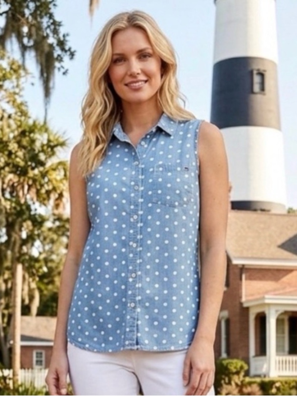Tommy Hilfiger Blue and White Polka Dot Sleeveless Button-Down